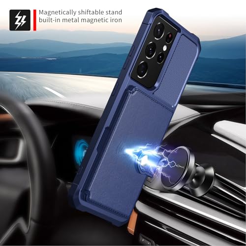 Wallet Case for Samsung Galaxy S21 Ultra, Compatible with Magnetic Car Mount, Heavy Duty Shockproof Rugged Soft TPU Back Leather Flip Credit Card Holder Cover 6.8 inch, Blue | Compatible with Magnetic Car Mount, Shockproof Rugged Soft TPU Hard Back Leathe