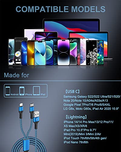 Multi USB Charger Cable, 2 in 1 USB C and Lightning Charging Cable Cord 4FT - color: Blue
