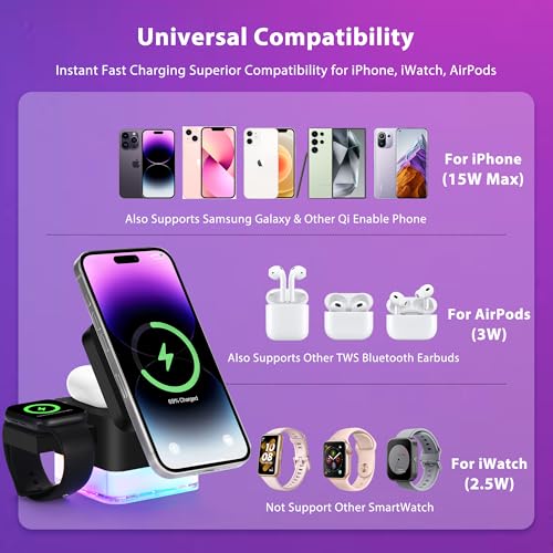 15W Wireless Charger 3-in-1 Apple Charging Station with Night Light - color: Black