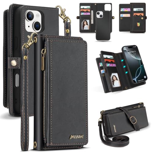 for iPhone 15 Wallet Case, Detachable Magnetic Shockproof Phone Case,Faux Leather Crossbody Wallet,with RFID Blocking，Zipper Card Holder，Shoulder Strap (Black) - color: Black, size: iPhone 15