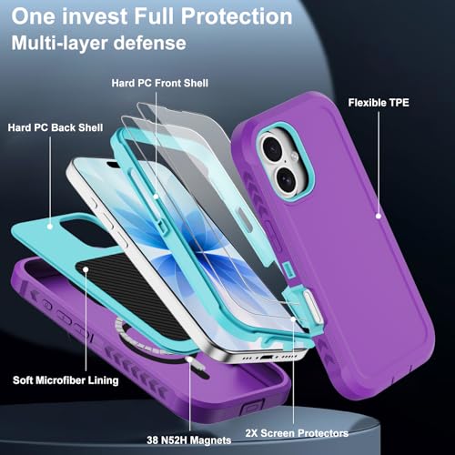 Magnetic for iPhone 17 Case Heavy Duty Military-Grade Shockproof,Anti-Slip 3-Layer Rugged Drop Protection with Screen Protector,Compatible with MagSafe,Anti-Scratch for i 17 Phone Cover (Purple) - color: Purple-m