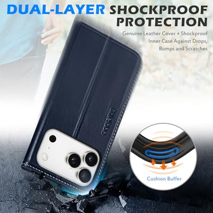 SHIELDON Real Leather Case Wallet for iPhone 17 Pro 6.3", Retro Dark Blue | Folio Design, Magnetic Closure, RFID Blocking, Credit Card Holder, Kickstand, Shock Absorbing Protective Cover - color: Retro Dark Blue