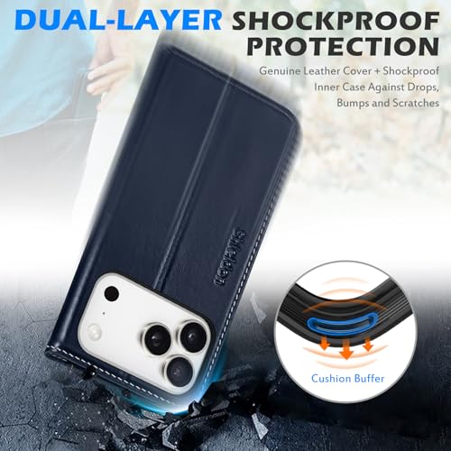 SHIELDON Real Leather Case Wallet for iPhone 17 Pro 6.3", Retro Dark Blue | Folio Design, Magnetic Closure, RFID Blocking, Credit Card Holder, Kickstand, Shock Absorbing Protective Cover - color: Retro Dark Blue