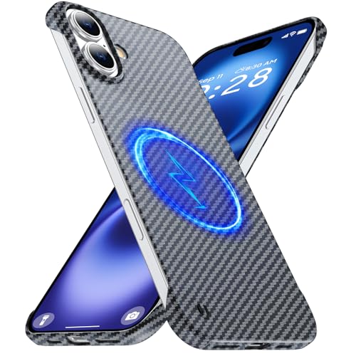 GRECAZO Magnetic Ultra-Thin Frosted Soft Touch Skin Borderless Carbon Fiber Bump Texture for iPhone 16 Plus Frameless Case 6.7" Slim Minimalist Lightweight Matte Hard for MagSafe Cover Case-Black - size: iPhone 16 Plus