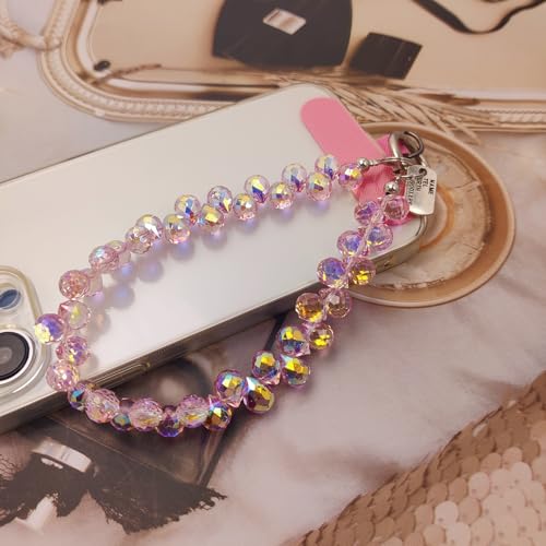 Cute Phone Wrist Strap Chic Beaded Cellphone Lanyard Phone Charm Grip Strap - color: Pink Crystal