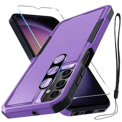 Case for Samsung Galaxy A15 5G, Full Body Heavy Duty Rugged Shockproof Protective Phone Cover with Lanyard Strap, Tempered Glass Screen Protector and Camera Lens Cover, Lavender | Rugged Shockproof Protective Phone Case with Lanyard Strap,Tempered Glass S