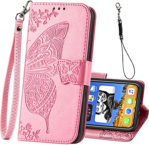 for iPhone 12 Pro/iPhone 12 Wallet Case,Women Flip Folio Cover with Butterfly Embossed PU Leather Kickstand Credit Card Holder Slots Wrist Strap for iPhone 12/12 Pro 6.1 inch (Pink) - color: Pink
