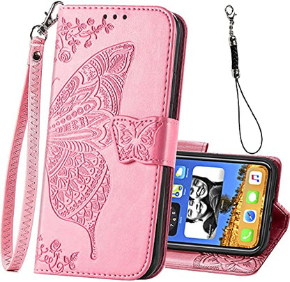 for iPhone 12 Pro/iPhone 12 Wallet Case,Women Flip Folio Cover with Butterfly Embossed PU Leather Kickstand Credit Card Holder Slots Wrist Strap for iPhone 12/12 Pro 6.1 inch (Pink) - color: Pink