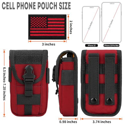 Tactical Phone Holster Pouch Case, Molle Gadget Bag Molle Attachment Belt Holder Waist Bag for 4.7"-6.9" with US Flag Patch for iPhone 18 Pro Max/17 Pro/16 Pro/15 Pro - color: Red