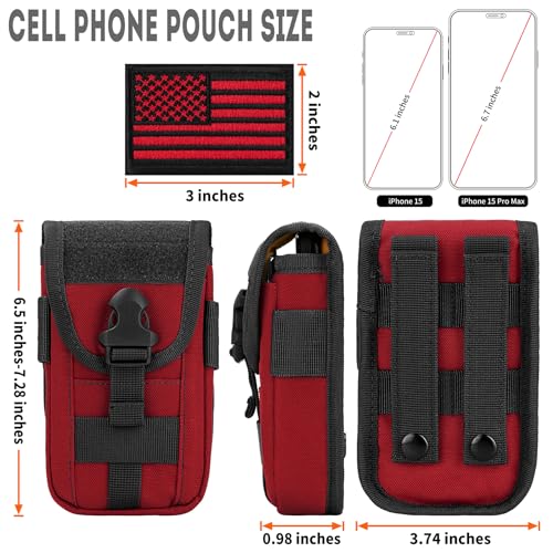 2 Pack Tactical Phone Holster Pouch, Smartphone Pouch Case Molle Attachment Belt Holder for 4.7"-6.9" Phone with US Flag Patch for iPhone 18 Pro Max/17/16/15/14 Pro Max - color: Red