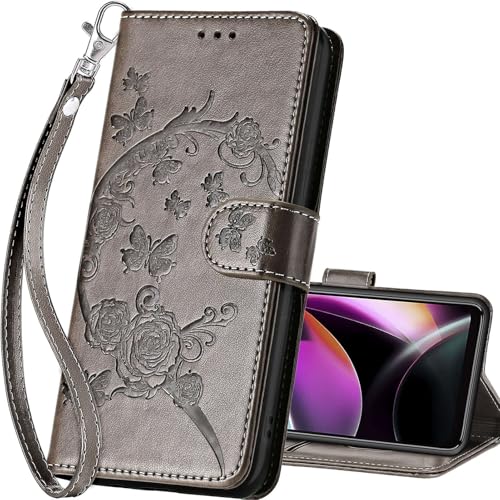 for Motorola Moto G 5G 2022 Wallet case, Gray Flower | 3 Card Holders, Kickstand, Shockproof TPU Shell, PU Leather, Magnetic Closure, Protective Flip Folio Cover, Women - color: 9