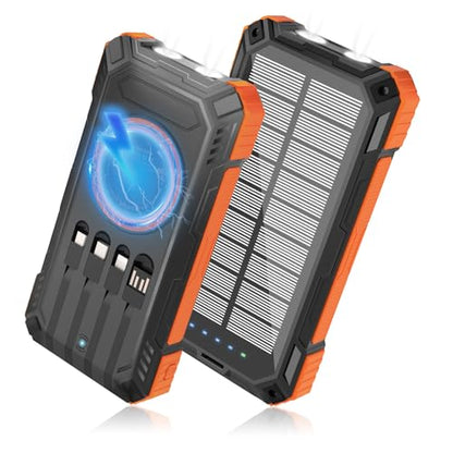 Solar Power Bank 49800mAh - Wireless Portable Charger 15W Fast Charging with 4 Built-in Cables. Equipped with a Powerful Flashlight, IP65 Outdoor Waterproof Power Bank Perfect for Camping, Hiking