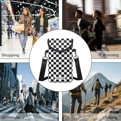 Neoprene Phone Sleeve Pouch Case Bag for Men Women w/Crossbody Strap/Neck Lanyard for iPhone 17/16/15/14 Pro Max, Samsung S25，Pixel 10 - color: Black & White Checkered