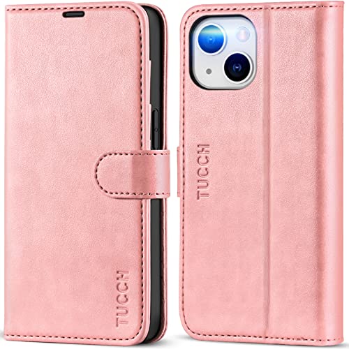 TUCCH Wallet Case for iPhone 14 (6.1") 2022, 4 Card Holders, Rose Gold | RFID Blocking, Viewing Stand, Shockproof TPU Shell, PU Leather, Magnetic Closure, Protective Folio Flip Cover - color: Rose Gold