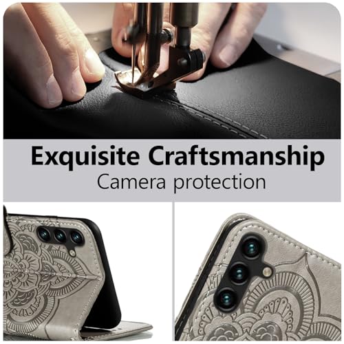 EYZUTAK Case for Samsung Galaxy A17 5G/A26 5G, Premium Leather Magnetic Closure Flip Wallet Phone Case with Card Holder Cash Slots Kickstand Embossed Mandala Flower Shockproof Lanyard Cover - Gray - color: Gray, size: Samsung Galaxy A17 5G/A26 5G