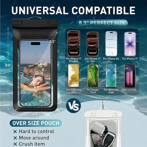 Waterproof Phone Pouch for iPhone 17 16 15 Pro Max IPX8 Black-8.3 | Card Pocket, Lightweight, Large Cellphone Dry Bag, IPX8 Rated, Beach Essential, Cruise Ship, 1 Pack, 8.3 inch - color: A9-Black-1 pack