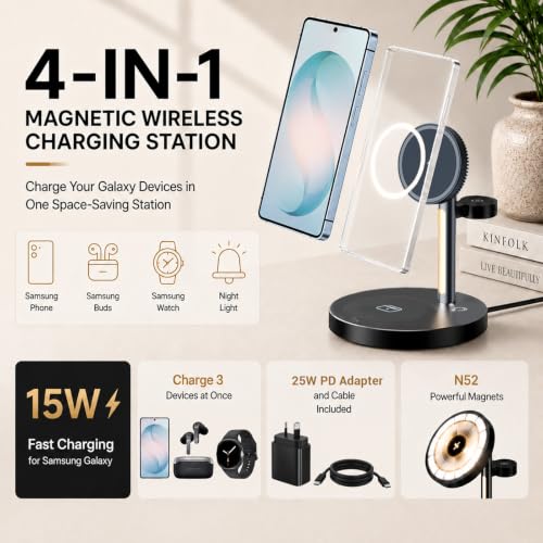 Geyo 4 in 1 Magnetic 15W Wireless Charger for Samsung S26 with Night Light