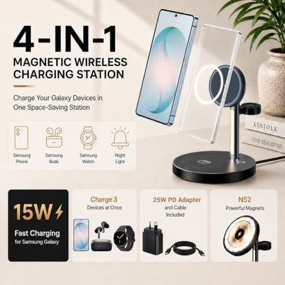 Geyo 4 in 1 Magnetic 15W Wireless Charger for Samsung S26 with Night Light