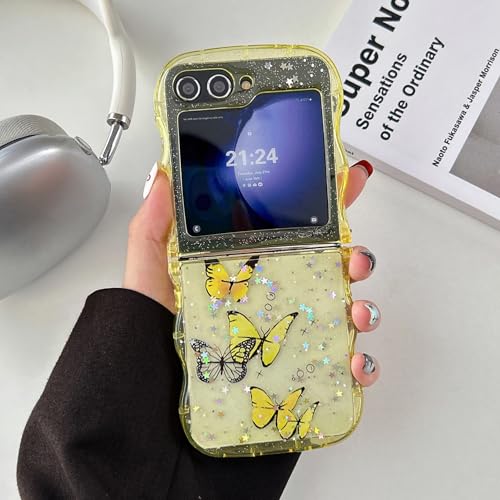 UEEBAI Wave Butterfly Case for Samsung Galaxy Z Flip 7 5G Case, Pretty Bling Star Butterfly Cute Shiny Glitter Phone Cover for Girls Bling Clear Cover Curly Shockproof Girly - Yellow - color: Yellow, size: Z Flip 7 5G