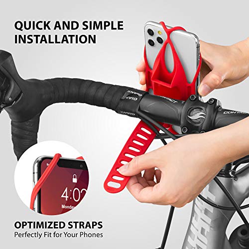 Bone Bike Tie 4, Bike Cell Phone Mount for Handlebar, Scratch-Free Silicone Holder with Anti-Slip Design, Universal Cycling Phone Holder Compatible with Most Smartphones (Red - Handlebar) - color: Bike Tie 4 - Red