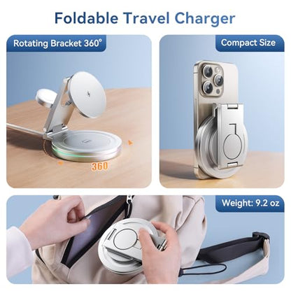 3 in 1 Wireless Charging Station for Apple Charger, 15W Fast Mag-Safe Qi-Certified Magnetic Portable Charger Stand for iPhone 1615141312 Apple Watch AirPods 3/2 Pro, Adjustable Angle (Silver, Qi)