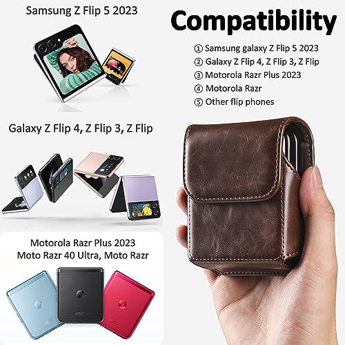 Holster for Samsung Galaxy Z Flip 7/6/5, Premium Leather Phone Pouch with Belt Clip Belt Case for Motorola Razr Plus, Moto Razr -Coffee - color: Coffee