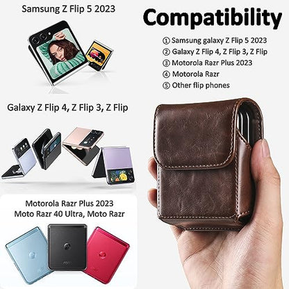 Holster for Samsung Galaxy Z Flip 7/6/5, Premium Leather Phone Pouch with Belt Clip Belt Case for Motorola Razr Plus, Moto Razr -Coffee - color: Coffee