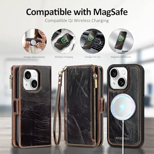 Antsturdy Compatible with MagSafe iPhone 14 Wallet Case,Coffee | Detachable Magnetic Credit Card Holder,RFID Blocking,PU Leather Zipper Purse,Wrist Strap Kickstand,Flip Phone Cover for Women - color: (Detachable with Magsafe)-Coffee