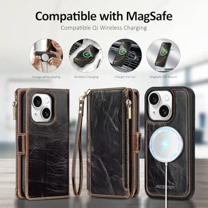 Antsturdy Compatible with MagSafe iPhone 14 Wallet Case,Coffee | Detachable Magnetic Credit Card Holder,RFID Blocking,PU Leather Zipper Purse,Wrist Strap Kickstand,Flip Phone Cover for Women - color: (Detachable with Magsafe)-Coffee