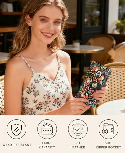 GIANCOMICS Cute Fox Womens Wallet RFID Blocking, Credit Card Holder Bifold | Billfold, Cute Cash Purse, Travel Zipper Coin Pocket, Compact Clutch, PU Leather, ID Window, 11 Card Slots, Ladies Gift Woman - color: Fox and Flowers