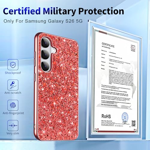 Galaxy S26 Glitter Case for Samsung Galaxy S26 5G Phone Case for Women Girls, Slim Ultra Thin Matte Back Shockproof Full Body Protective Cover for Samsung S26 5G, Crystal Bling Case, 2026 (Red) - color: Red