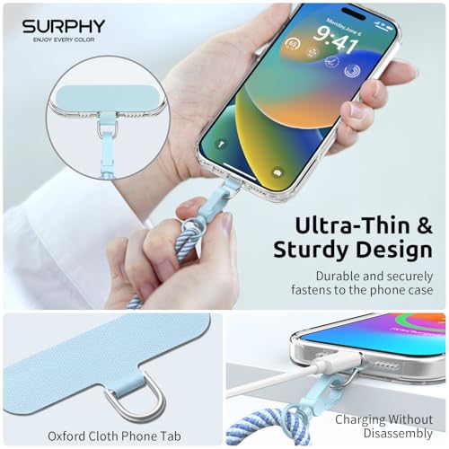 SURPHY Phone Lanyard, Adjustable Phone Strap Crossbody with 2 Pack Phone Tether Tab, Premium Metal Buckles and Two-Color Braided Cell Phone Lanyard Crossbody for Women and Men, Deep & Light Blue - color: Deep Blue + Light Blue