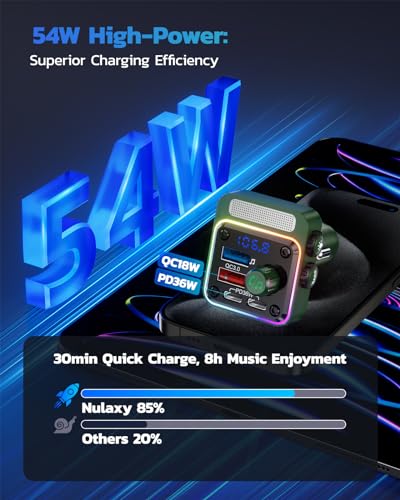 Nulaxy 54W Bluetooth 5.3 Car Adapter, FM Transmitter 4-Port Fast Charging - color: Green