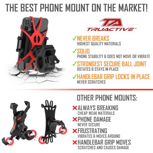 TruActive Premium Bike Phone Mount Holder | Universal Cell Phone Mount for 4"-7" Phones | Includes 6 Reusable Color Bands | Tool Free Handlebar Mount for Bicycle, Motorcycle, Electric Scooter, ATV - style: Bike Phone Mount
