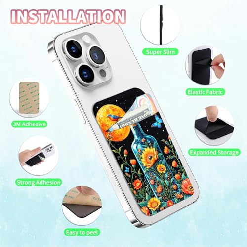 Phone Credit Card Holder Stick on, Cell Phone Pocket Self Adhesive Stretchy Stick on Wallet ID Credit Card Case Pouch Sleeve with Flap for All Smartphones, Drift Bottle Flowers Birds - color: Drift Bottle Flowers Birds