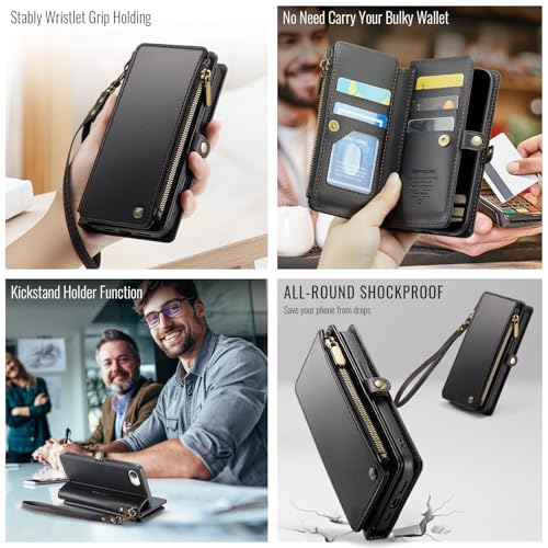 Defencase for iPhone 17E & 16E Wallet Phone Case with Card Holder, Black | Durable Soft PU Leather, with RFID Blocking Zipper Pocket, Strap, Magnetic Snap Flip Cases Cover with Stand for Women Men - color: Black