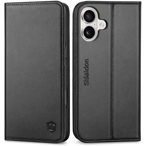 SHIELDON Genuine Leather Wallet Case for iPhone 16 Plus 6.7" 2024, Black | Magnetic Closure, RFID Blocking, Credit Card Holder, Kickstand, Folio Design, Shockproof TPU Phone Cover - color: Black