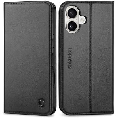 SHIELDON Genuine Leather Wallet Case for iPhone 16 Plus 6.7" 2024, Black | Magnetic Closure, RFID Blocking, Credit Card Holder, Kickstand, Folio Design, Shockproof TPU Phone Cover - color: Black