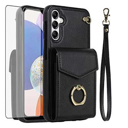 Asuwish Wallet Case for Samsung Galaxy A16 5G/4G Women Men Black | with Tempered Glass Screen Protector, Ring Holder, RFID Blocking, Card Holder, Wrist Strap, PU Leather, Cover for A 16 - color: Black