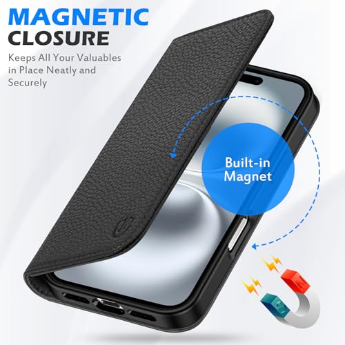 SHIELDON Genuine Leather Case Wallet for iPhone 16 6.1" 2024, Pebbled Black | Flip Magnetic Cover, RFID Blocking, Credit Card Holder, Kickstand, Book Design, Shock-Absorbent Phone Cover - color: Pebbled Black