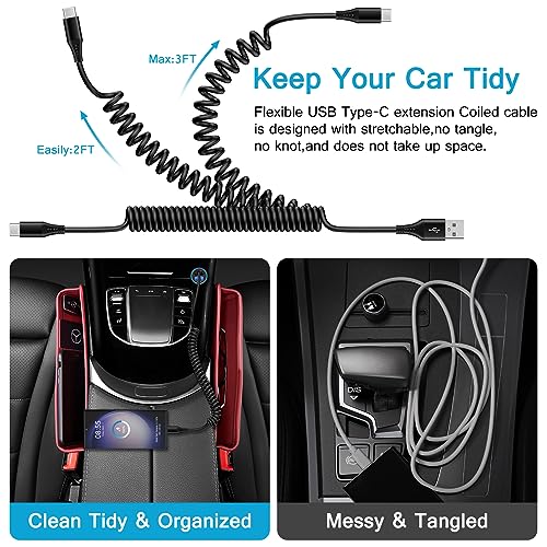 Samsung S24 Ultra FE Coiled USB C to USB A Cable Fast Charging for Galaxy S26 Ultra/S24+/S23/S22/S25,3FT Retractable Android Phone Car Charger Cord for iPhone 17 16 15 Pro Max Plus,Google Pixel 10/9/8