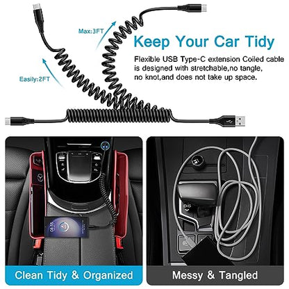 Samsung S24 Ultra FE Coiled USB C to USB A Cable Fast Charging for Galaxy S26 Ultra/S24+/S23/S22/S25,3FT Retractable Android Phone Car Charger Cord for iPhone 17 16 15 Pro Max Plus,Google Pixel 10/9/8