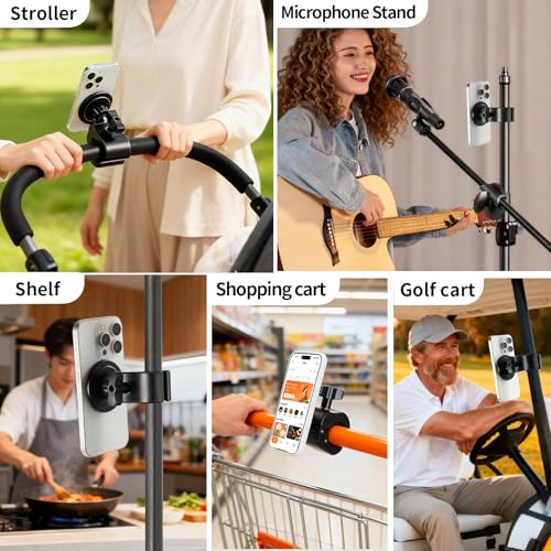 Magnetic Phone Holder Clamp Mount –Strong Magnet Mount for Gym, Microphone Stand, Treadmill, Stroller, Spin Bike, Golf cart, Handlebar,Dia 0.4-2" Rod, compatible with iPhone 16 15 14 13 12 series