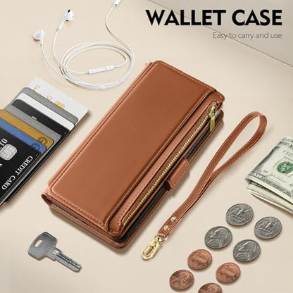 Antsturdy Compatible with iPhone 14 Plus Wallet Case【RFID Blocking】 PU Leather Phone Case Women Men Flip Shockproof Cover Strap Zipper Pocket Credit Card Holder Slots for Apple 14 Plus,Light Brown | RFID Blocking,with Credit Card Holder Slots,PU Leather P