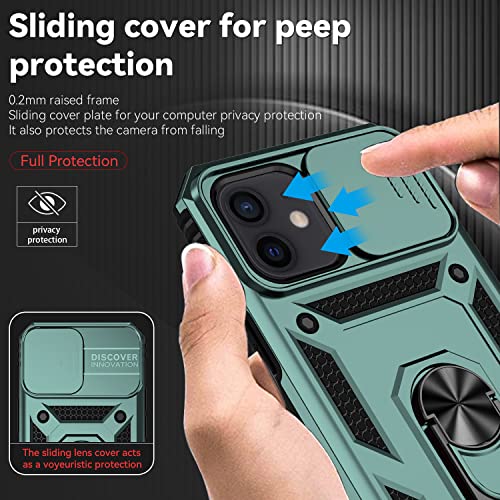 for iPhone 12 Mini Case with Camera Lens Cover Screen Protector, Dual Layer Military Grade Drop Protection Magnetic Ring Holder Kickstand Protective Phone Case for iPhone 12 Mini 5.4 inch (Dark Green) - color: Dark Green with camera cover Military-Grade