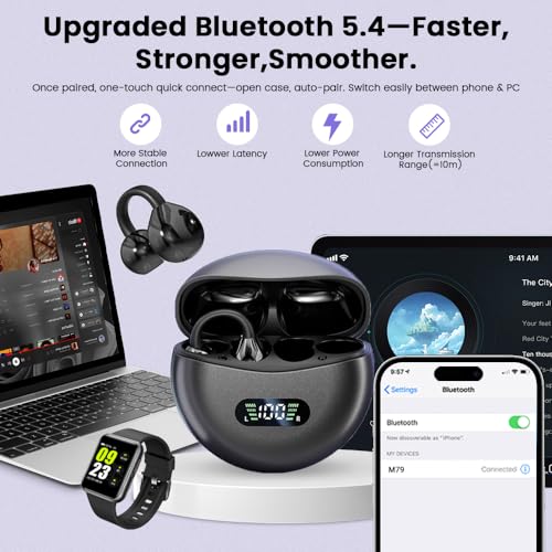 Clip-on Earbuds Open Ear Wireless Bluetooth 5.4 Headphones - color: Black