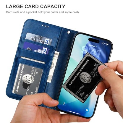 Bocasal Detachable Wallet Case Card Holder for iPhone 17 Pro Max Blue | RFID Blocking Kickstand Card Slots Holder PU Leather Magnetic Shockproof Wrist Strap Removable Flip Protective Cover 6.9 inch - color: Blue
