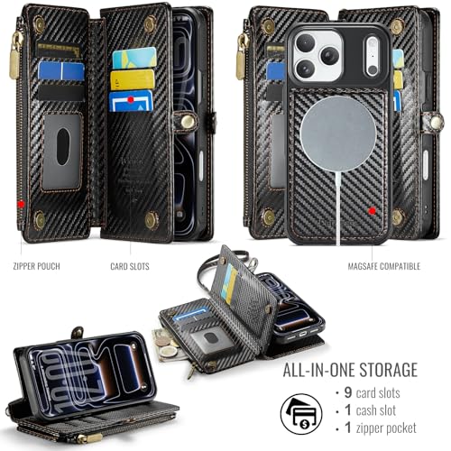 Defencase for iPhone 17 Pro Max Case Wallet Compatible with Magsafe, C-Black - color: (Detachable with Magsafe)-Carbon Fiber Black