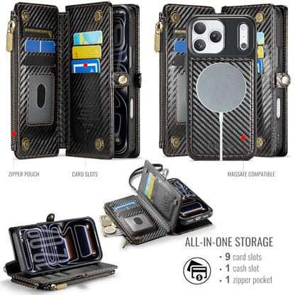 Defencase for iPhone 17 Pro Max Case Wallet Compatible with Magsafe, C-Black - color: (Detachable with Magsafe)-Carbon Fiber Black