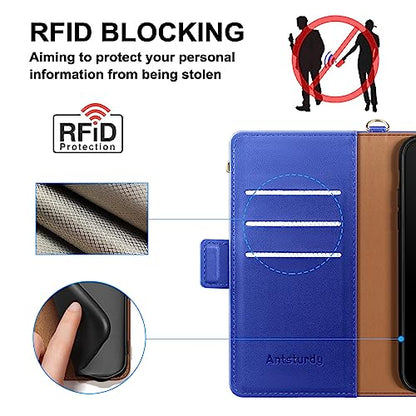 Antsturdy for iPhone 14 Pro Phone Wallet Case Women,Purple Blue | RFID Blocking,with Credit Card Holder Slots,PU Leather Purse,Zipper Pocket,Wrist Strap Kickstand,Flip Folio Cover for Men - color: Purple Blue